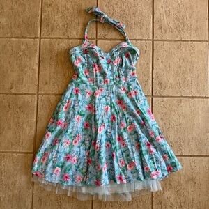Hot Topic Womens Size XL Rockabilly Swing Dress Blue Floral Tiki Halter Retro